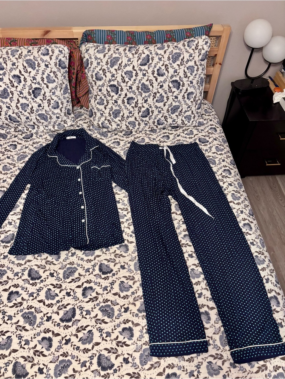 Women’s Navy Polka Dot Pajama Set with Contrast Piping | Medium